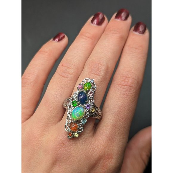 Sterling Silver 925 Multicolor Gemstone Opal Cocktail Statement Ring Size 8 - Picture 2 of 12